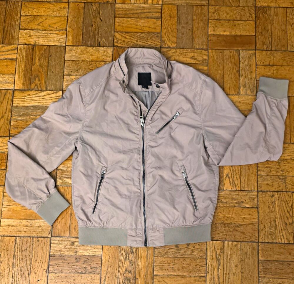 H&M Men's Beige Bomber Jacket Size M Full Zip Stand-Up Collar Casual